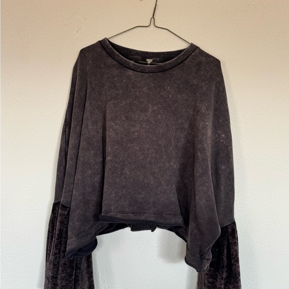 Free People Washed Black Cropped Pullover with Velvet Sleeves